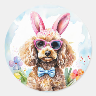 Happy Easter Cute Bunny Poodle Watercolor Dog Runder Aufkleber