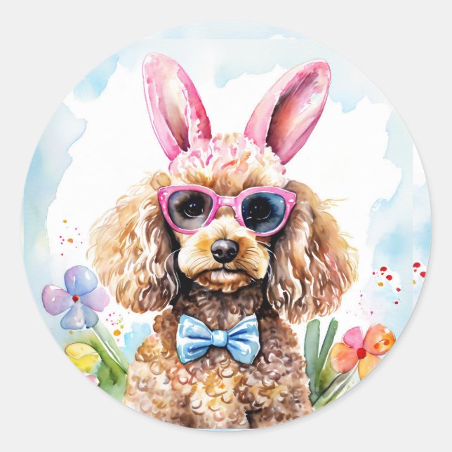 Happy Easter Cute Bunny Poodle Watercolor Dog Runder Aufkleber (Vorderseite)