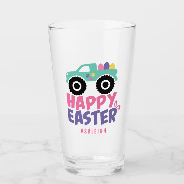 Happy Easter Egg Girly Truck Moderner Name Glas (Vorderseite)