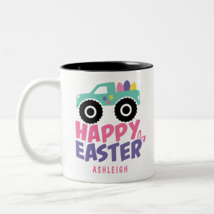 Happy Easter Egg Girly Truck Moderner Name Zweifarbige Tasse
