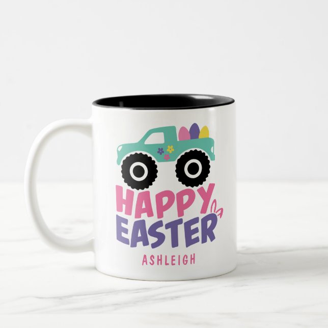 Happy Easter Egg Girly Truck Moderner Name Zweifarbige Tasse (Links)