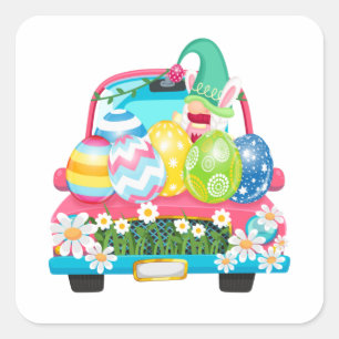 Happy Easter Egg Gnomes Bunny Truck Quadratischer Aufkleber
