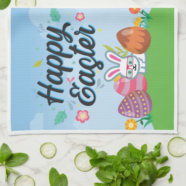 Happy Easter Eggs Bunny & Blume Geschirrtuch (Gefaltet)