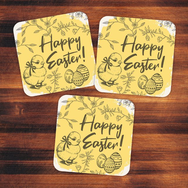 Happy Easter Eggs & Chick Yellow Quadratischer Aufkleber (Happy Easter Eggs & Chick Yellow Square Sticker
)
