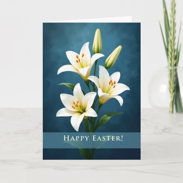 Happy Easter Elegant White Lilies Blue Background Karte (Vorderseite)
