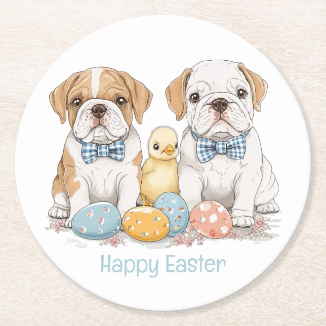 Happy Easter English Bulldogs Runder Pappuntersetzer (Vorderseite)