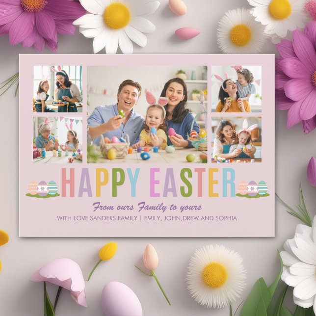 Happy Easter Family Photo Collage Pink Einladung (Von Creator hochgeladen)