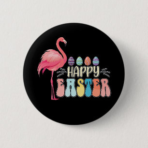 Happy Easter Flamingo Bunny Egg Basket Button