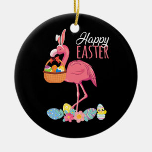 Happy Easter Flamingo With Easter Egg Basket Keramik Ornament