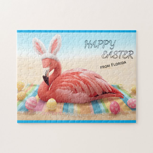Happy Easter from Florida Flamingo Bunny on Beach  Puzzle (Horizontal)