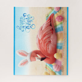 Happy Easter from Florida Flamingo Bunny on Beach  Puzzle