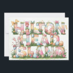 Happy Easter from Hilton Head Island Feiertagskarte<br><div class="desc">Happy Easter Hilton Head Style! The design on this colorful holiday card features a whimsical and festive depiction of the text "Hilton Head Island" with each letter beautifully decorated for Easter! Included are pastel-colored Easter eggs, blooming spring flowers, soft ribbons, and playful bunny motifs. The backside text reads "Sending warm...</div>