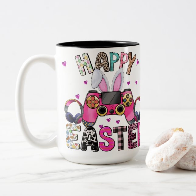 Happy Easter Gamer Video Game Controller Bunny Ear Zweifarbige Tasse (Mit Donut)