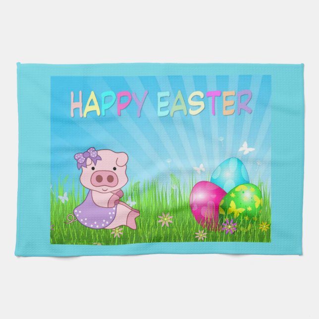 Happy Easter Girl Piggy Geschirrtuch (Horizontal)