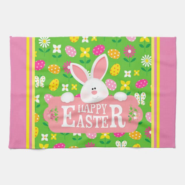 Happy Easter Holiday Trendy Bunny Floral Geschirrtuch (Horizontal)
