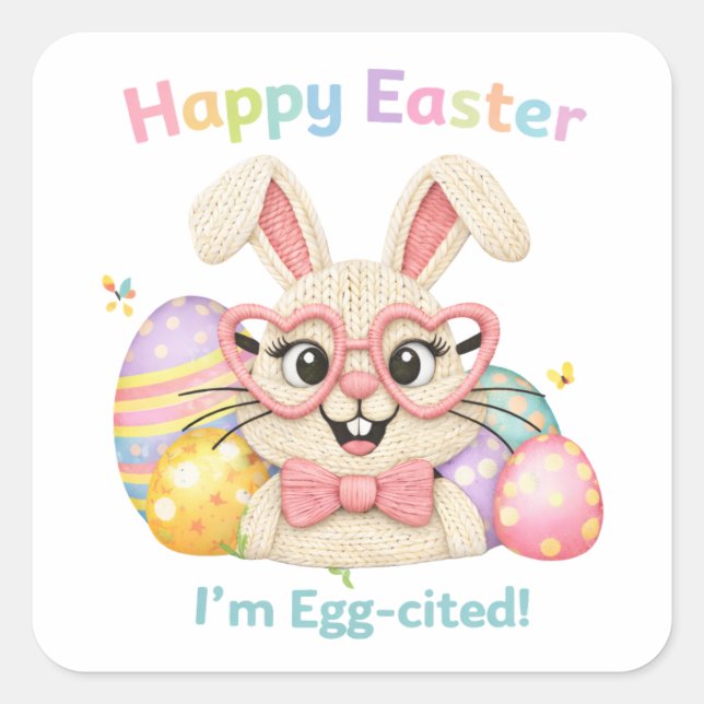 Happy Easter I'm Egg-cited Bunny  Quadratischer Aufkleber (Vorderseite)