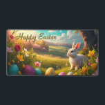 Happy Easter in a Spring Landscape Schreibtischunterlage<br><div class="desc">A picturesque spring landscape with rolling hills and blossoming trees stretches out in an idyllic, sunlit valley. A bright white Easter bunny sits attentively in the grass, surrounded by colorful, artfully decorated Easter eggs. The flowers in vibrant colors and the warm golden light of the setting sun lend the scene...</div>