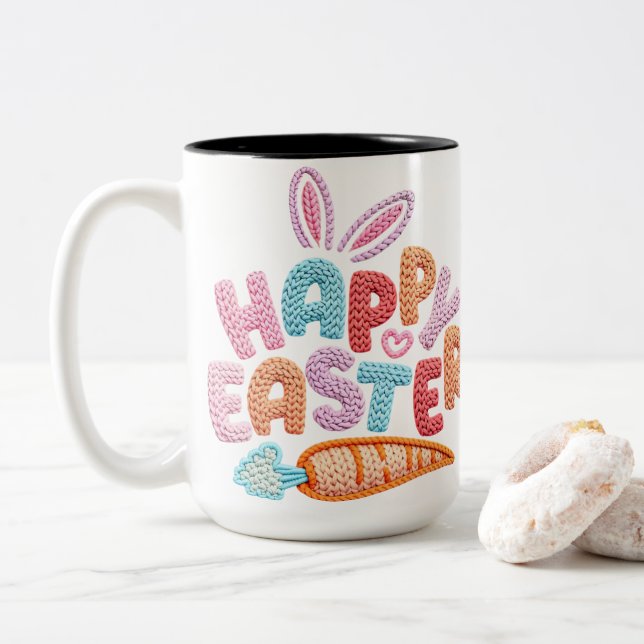 Happy Easter Knitted Texture Bunny Ears Carrot Pas Zweifarbige Tasse (Mit Donut)