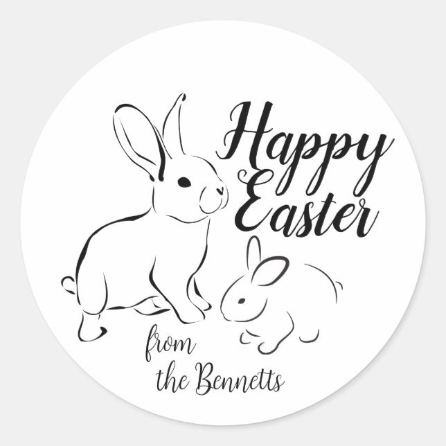 Happy Easter Line Art Bunny Rabbit Editable Name Runder Aufkleber (Vorderseite)