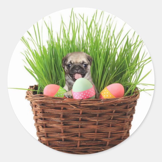 Happy Easter Mops Welpe Runder Aufkleber (Vorderseite)