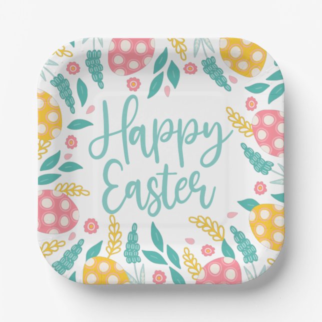 Happy Easter | Pink Aqua Easter Eggs Floral Pappteller (Vorderseite)