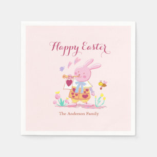 Happy Easter Pink Bunny in Garden Baby Pink Serviette