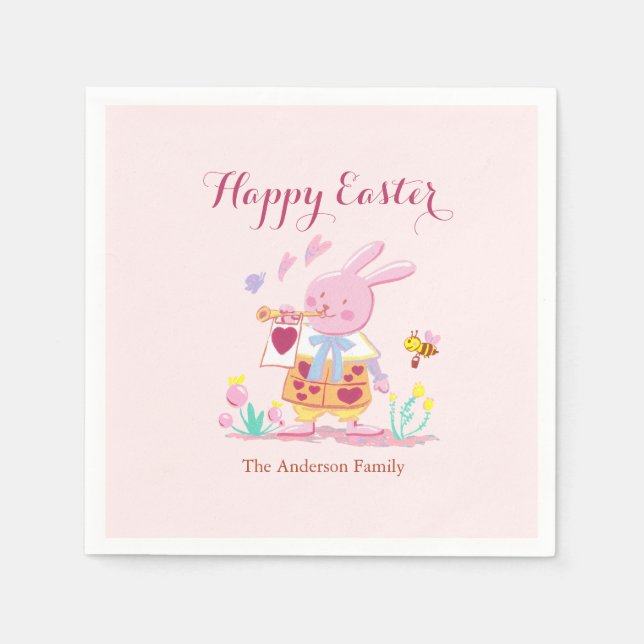 Happy Easter Pink Bunny in Garden Baby Pink Serviette (Vorderseite)
