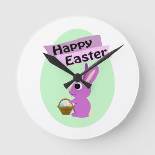 Happy Easter! Pink Bunny Runde Wanduhr