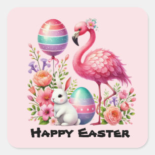 Happy Easter pink Flamingo Holiday Quadratischer Aufkleber