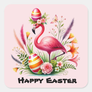 Happy Easter pink Flamingo Holiday Quadratischer Aufkleber