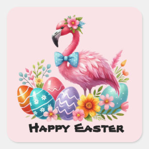 Happy Easter pink Flamingo Holiday Quadratischer Aufkleber