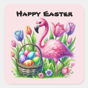 Happy Easter pink Flamingo Holiday Quadratischer Aufkleber