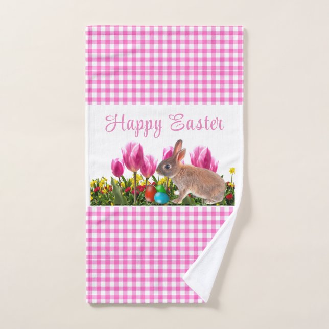 Happy Easter Pink Gingham mit Bunny Rabbit Handtuch (Handtuch)