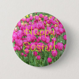 Happy Easter Pink Tulip Garden Floral Button