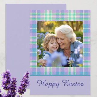 Happy Easter Plaid One Photo Purple Blue Pastel Feiertagskarte