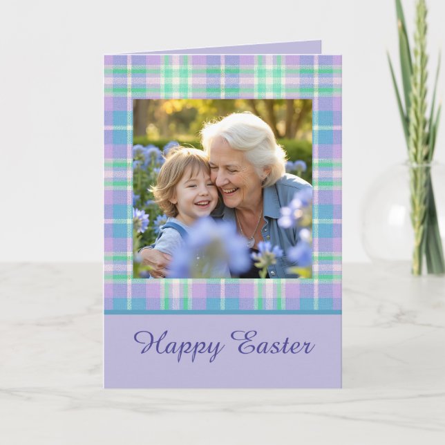 Happy Easter Plaid One Photo Purple Blue Pastel Karte (Vorderseite)