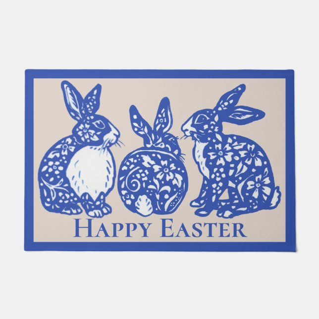 Happy Easter Rabbit Bunny Blue White Delft Dedham Fußmatte (Vorderseite)