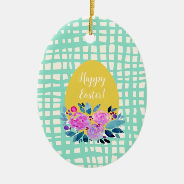 Happy Easter rustikale karierte Blumenorange Ei Keramik Ornament (Vorne)