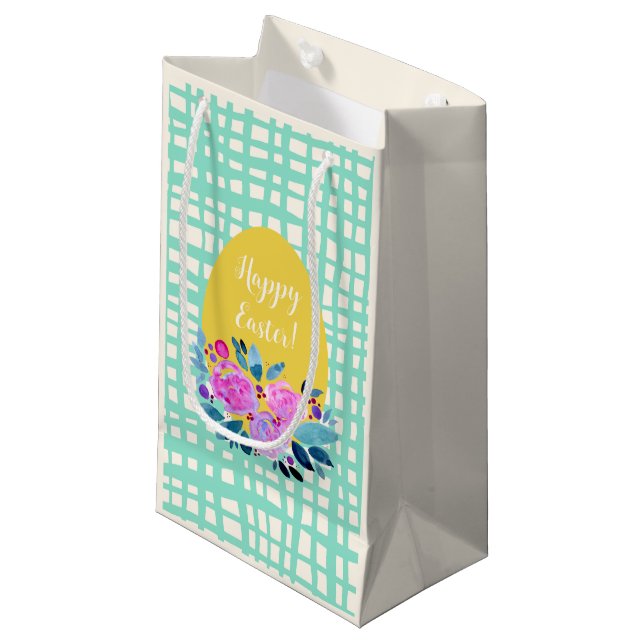 Happy Easter rustikale karierte Blumenorange Ei Kleine Geschenktüte (Vorderseite Schrägansicht)