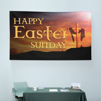 Happy Easter Sunday Design with Sunrise and Cross Banner