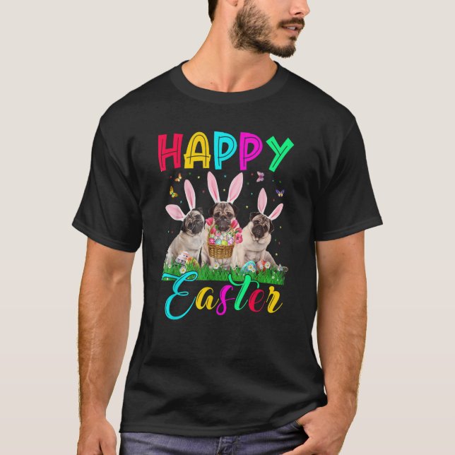 Happy Easter Three Pug Wearing Bunny Ear Pug T-Shirt (Vorderseite)