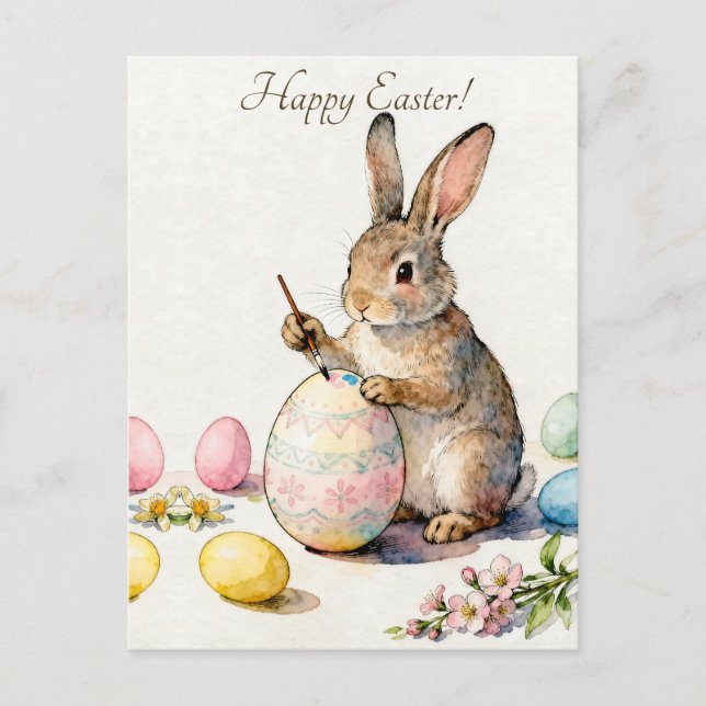 Happy Easter Vintage Bunny Painting an Egg Postkarte (Vorderseite)