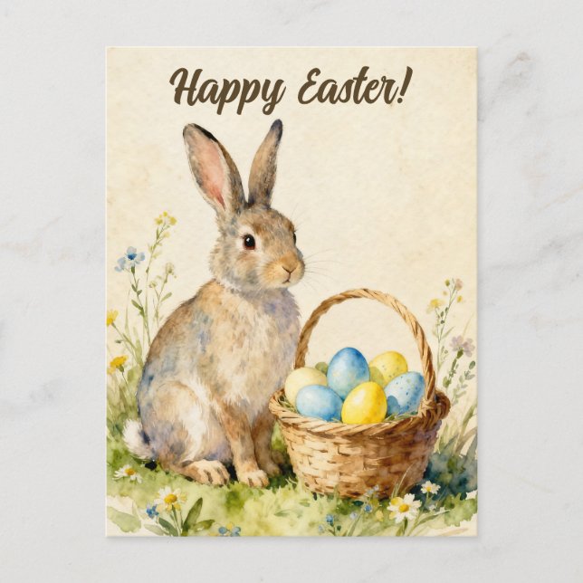 Happy Easter Vintage Bunny with Egg Basket Postkarte (Vorderseite)