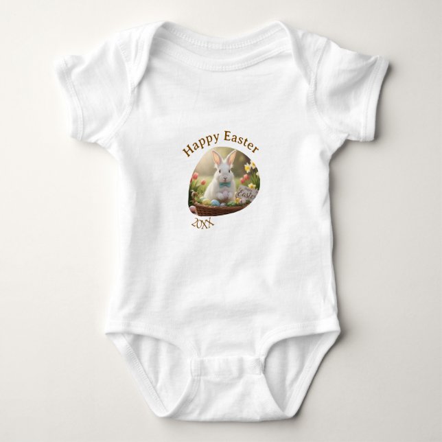 Happy Easter white bunny year photo family name  Baby Strampler (Vorderseite)