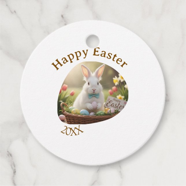 Happy Easter white bunny year photo family name  Geschenkanhänger (Vorderseite)