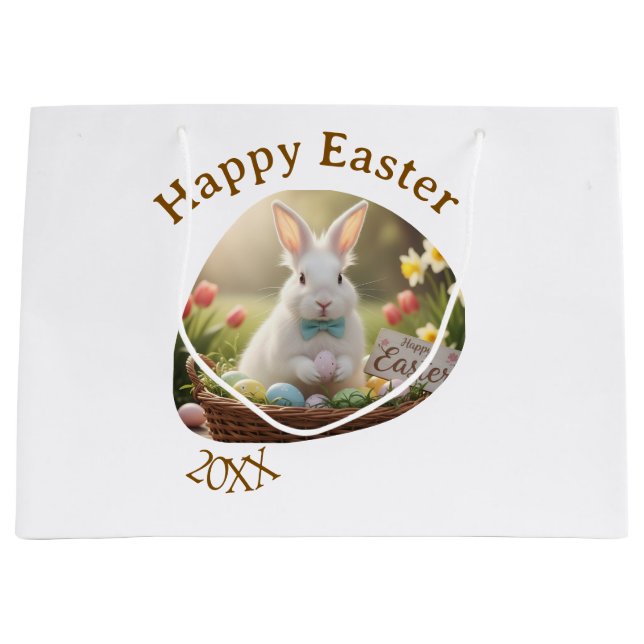 Happy Easter white bunny year photo family name  Große Geschenktüte (Vorderseite)