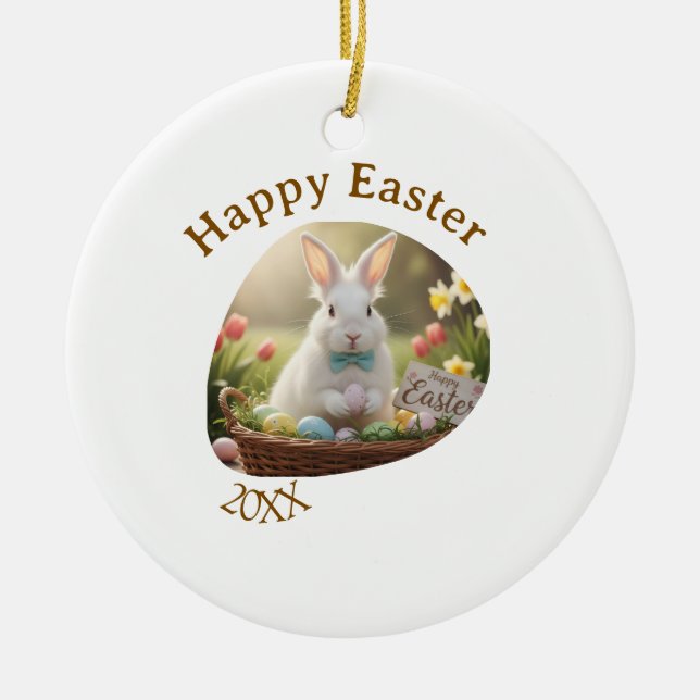 Happy Easter white bunny year photo family name  Keramik Ornament (Vorne)