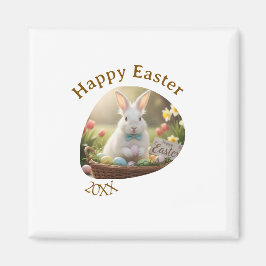 Happy Easter white bunny year photo family name  Magnet