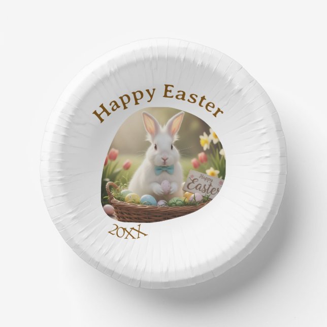 Happy Easter white bunny year photo family name  Pappteller (Vorderseite)