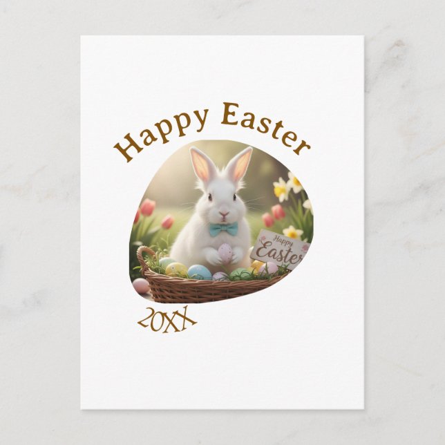Happy Easter white bunny year photo family name  Postkarte (Vorderseite)